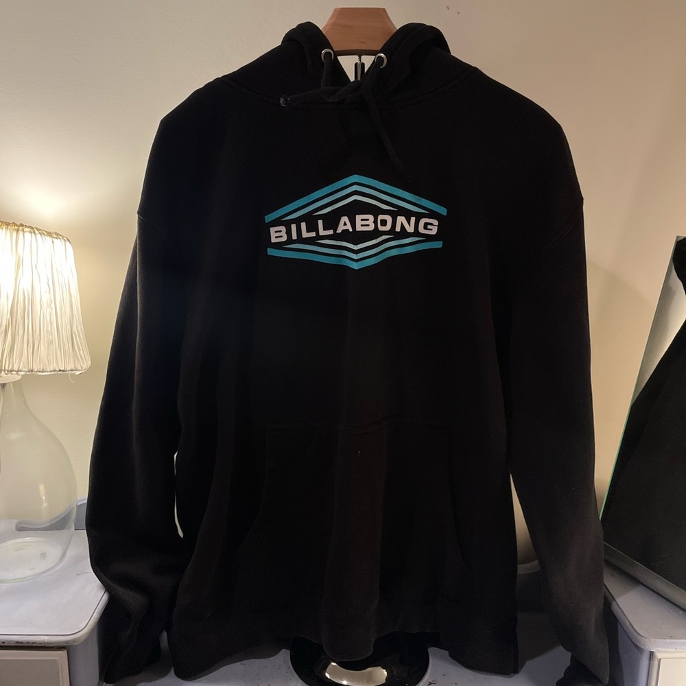 XL Unisex Y2K Surf Skate Billabong Black Hoodie with Teal Logo